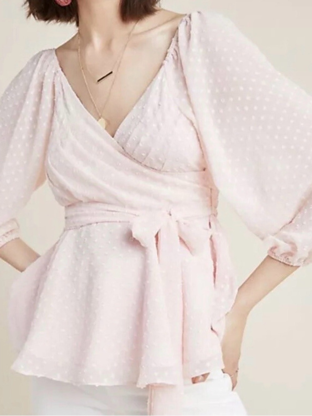 Anthropologie Yumi Kim Peach Pink Swiss Dot Wrap Peplum Blouse size small